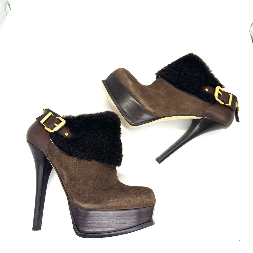 FENDI Fendista Shearling Fur Suede Buckle Platform Ankle Bootie Heels Boots - Picture 14 of 16